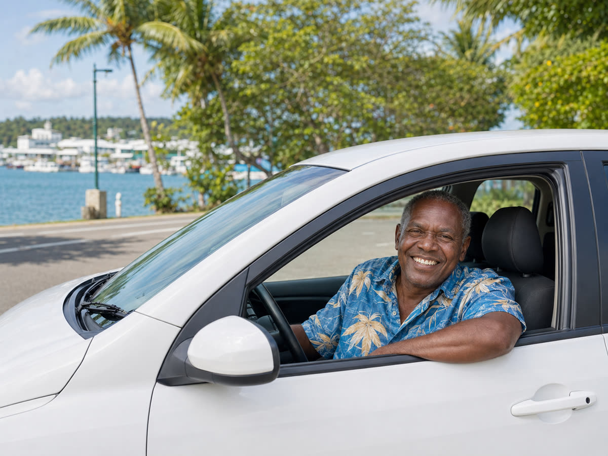A smiling YumiGo driver leaning out of his car window by the waterfront in Port Vila