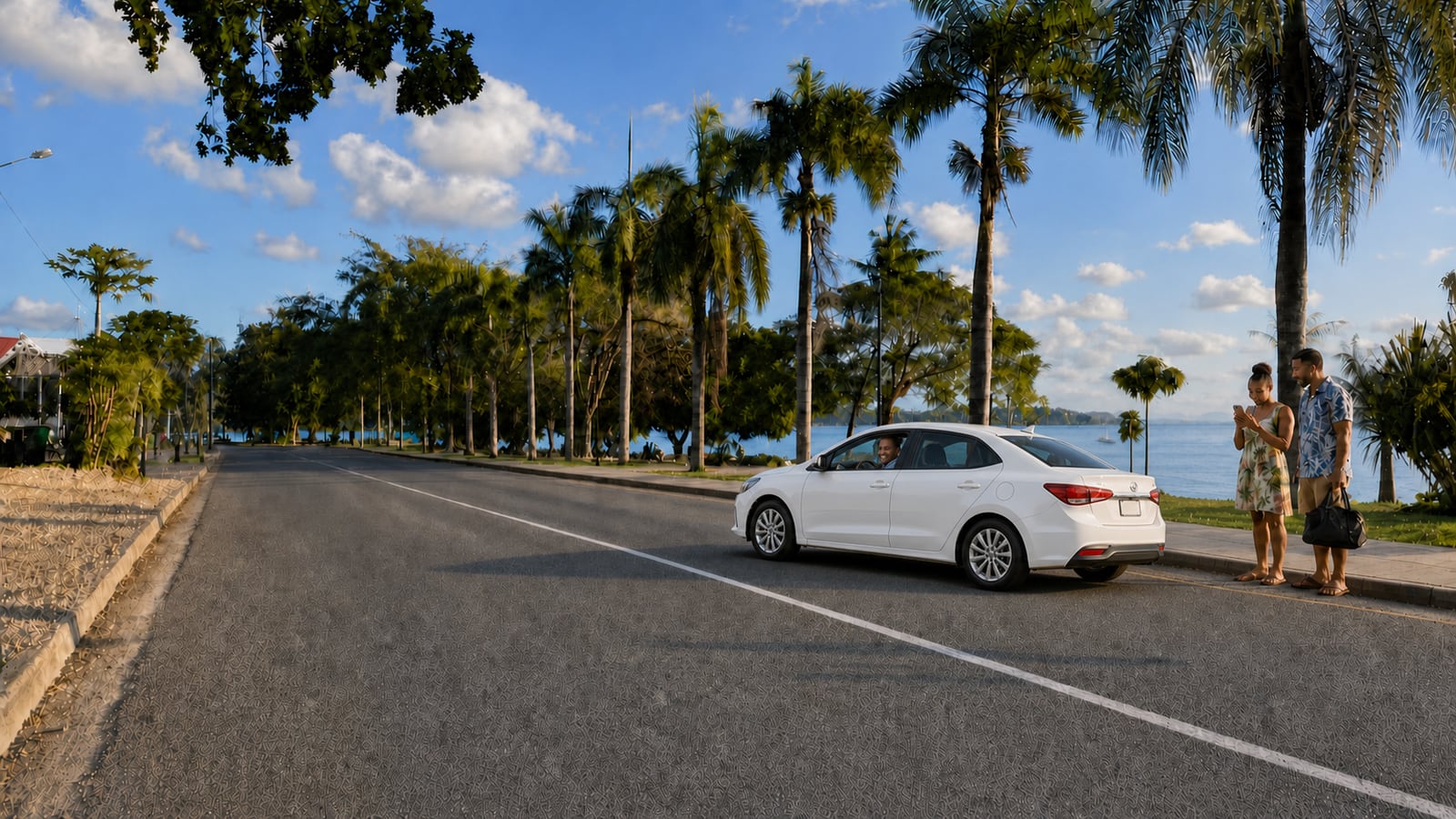 A YumiGo driver greeting passengers beside their car in Port Vila